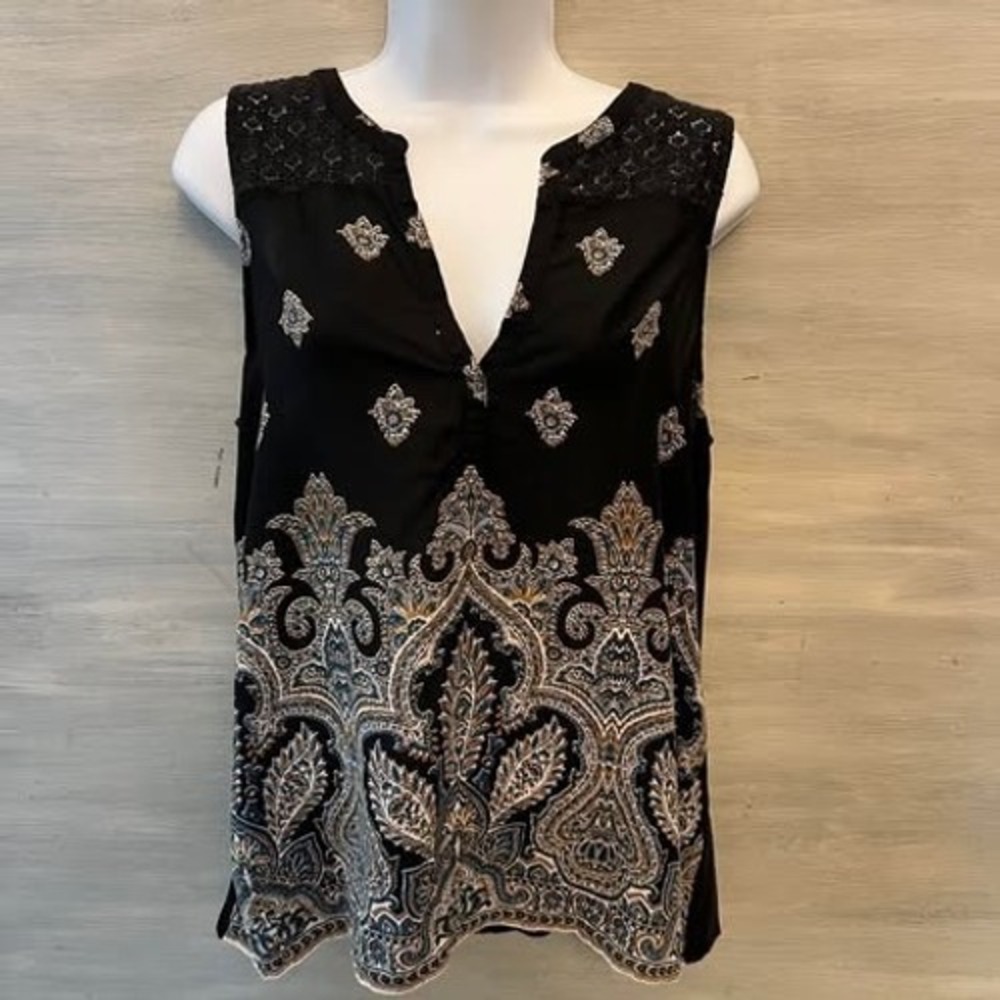 Lucky Brand Black Multicolor Paisley Print Sleeveless Vneck Shirt Size Medium GC